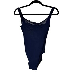 adrienne vittadini one piece blue swim suit Lace detail with built in bra Navy